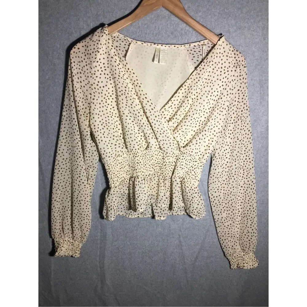 Womens Japna Blouse Peplum V Neck Polka Dot Neutral Flirty Romantic Boho